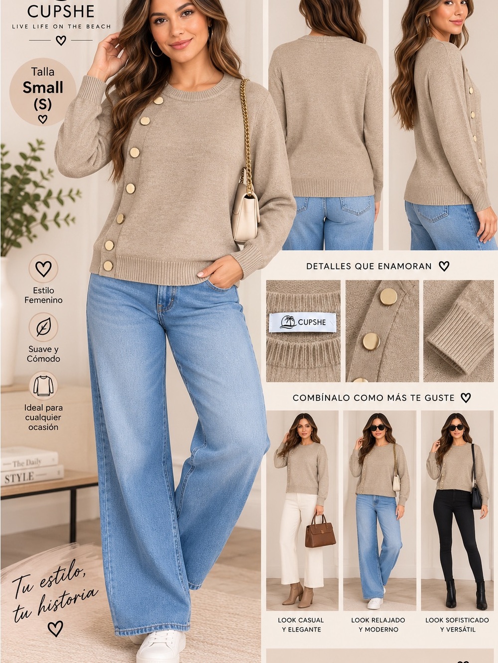Cupshe Beige Button-Accent Crewneck Sweater